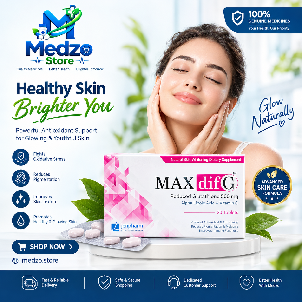 MaxdifG Reduced Glutathione 500mg dietary supplement available at Medzo Store